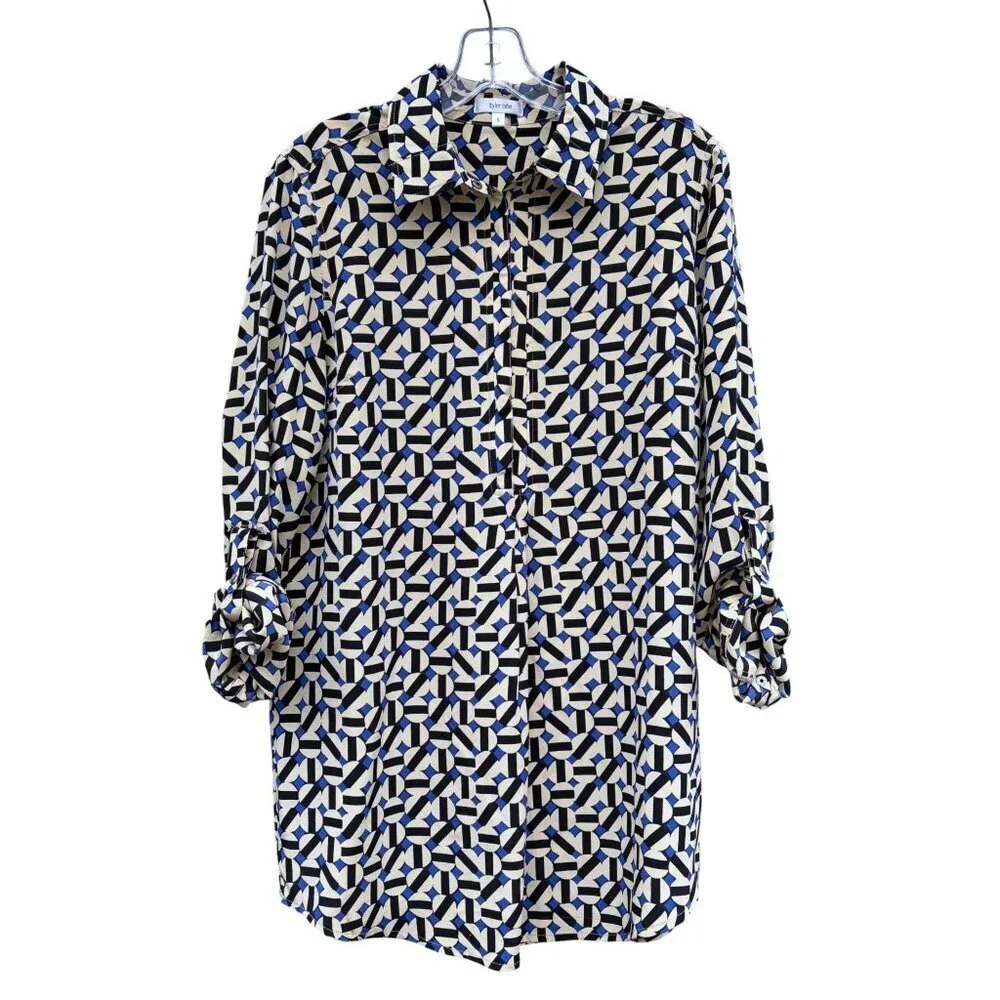 Tyler Boe Silk Shirt S Oversized Popover Geometric Roll Tab Snap Front 100% Silk - Picture 1 of 7